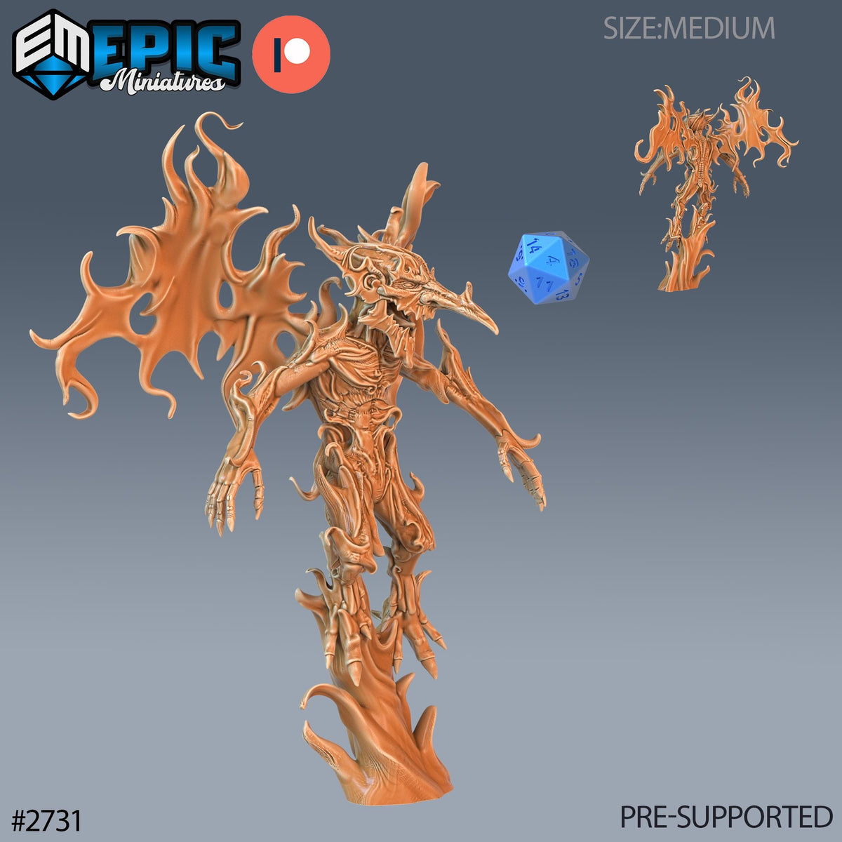The image is a 3D rendering of a fantastical creature, possibly a dragon or a mythical being, with intricate details and a fiery appearance. The creature is standing on a platform and appears to be interacting with a blue object, which could be a dice or a piece of equipment. The image is labeled as a "PRE-SUPPORTED" version, indicating that it has been provided for use in a project or game.