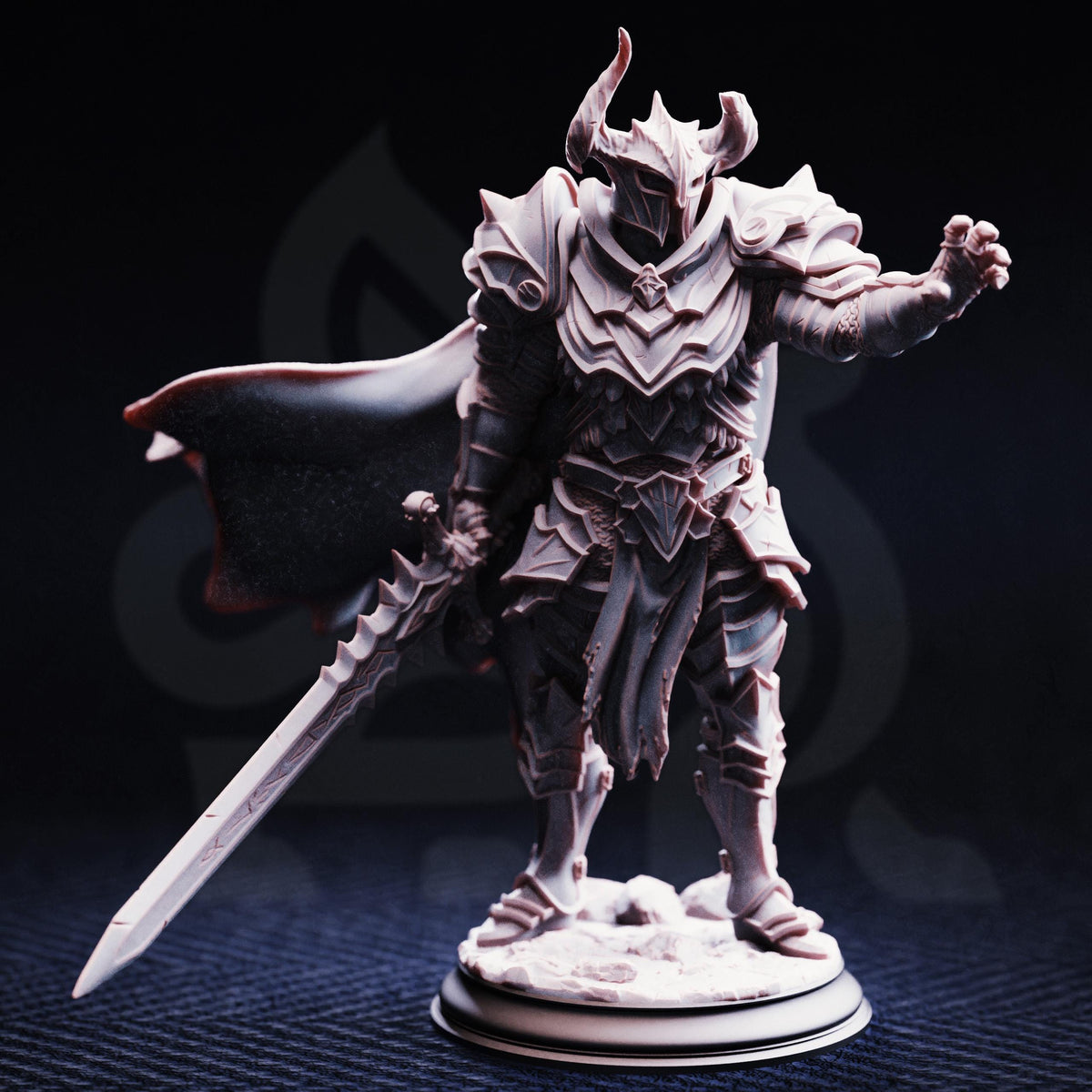A detailed 3D model of a knight in armor, standing on a base and holding a sword.