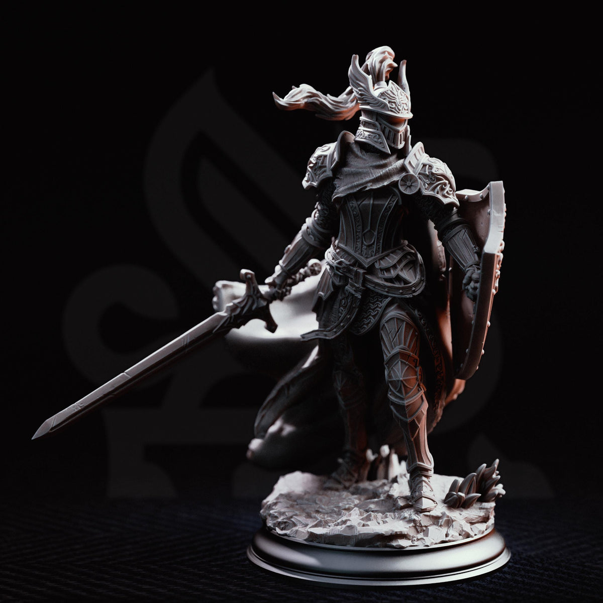 A detailed 3D model of a knight in armor, standing on a base and holding a sword.