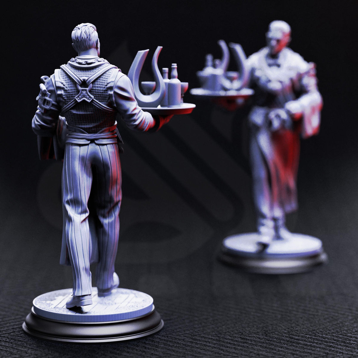 two statues of a waiter carrying a tray with bottles and a wine glass.