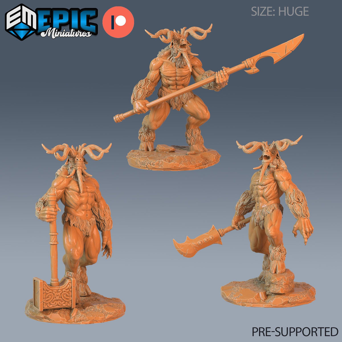 three detailed figurines of a fantastical creature, likely a mythical or magical being, each holding various weapons and tools. The figurines are of different sizes and are arranged in a row, showcasing the creature's strength and power. The image is pre-supported, meaning it is not a new creation and is part of a collection or series.