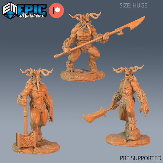 three detailed figurines of a fantastical creature, likely a mythical or magical being, each holding various weapons and tools. The figurines are of different sizes and are arranged in a row, showcasing the creature's strength and power. The image is pre-supported, meaning it is not a new creation and is part of a collection or series.