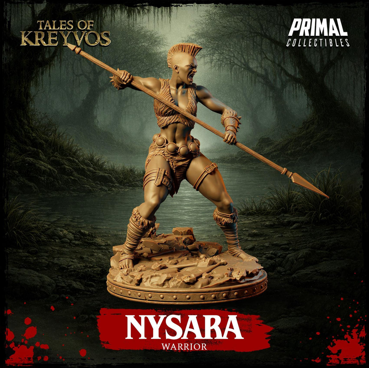 a warrior statue of a woman with a spear, set against a dark, mysterious background.