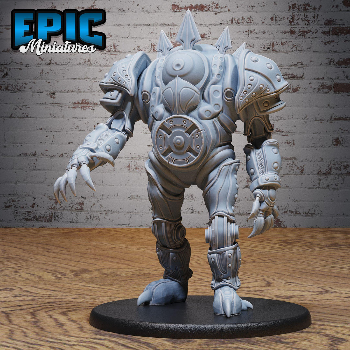 A 3D rendering of a detailed, armored robot or mechanical figure standing on a platform.