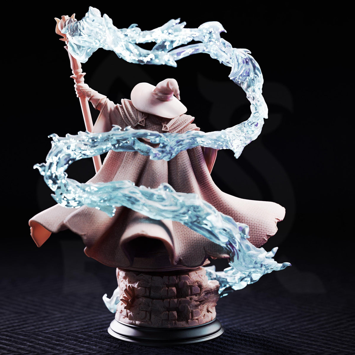 A figurine of a wizard or magical figure holding a staff and surrounded by swirling blue energy or water.