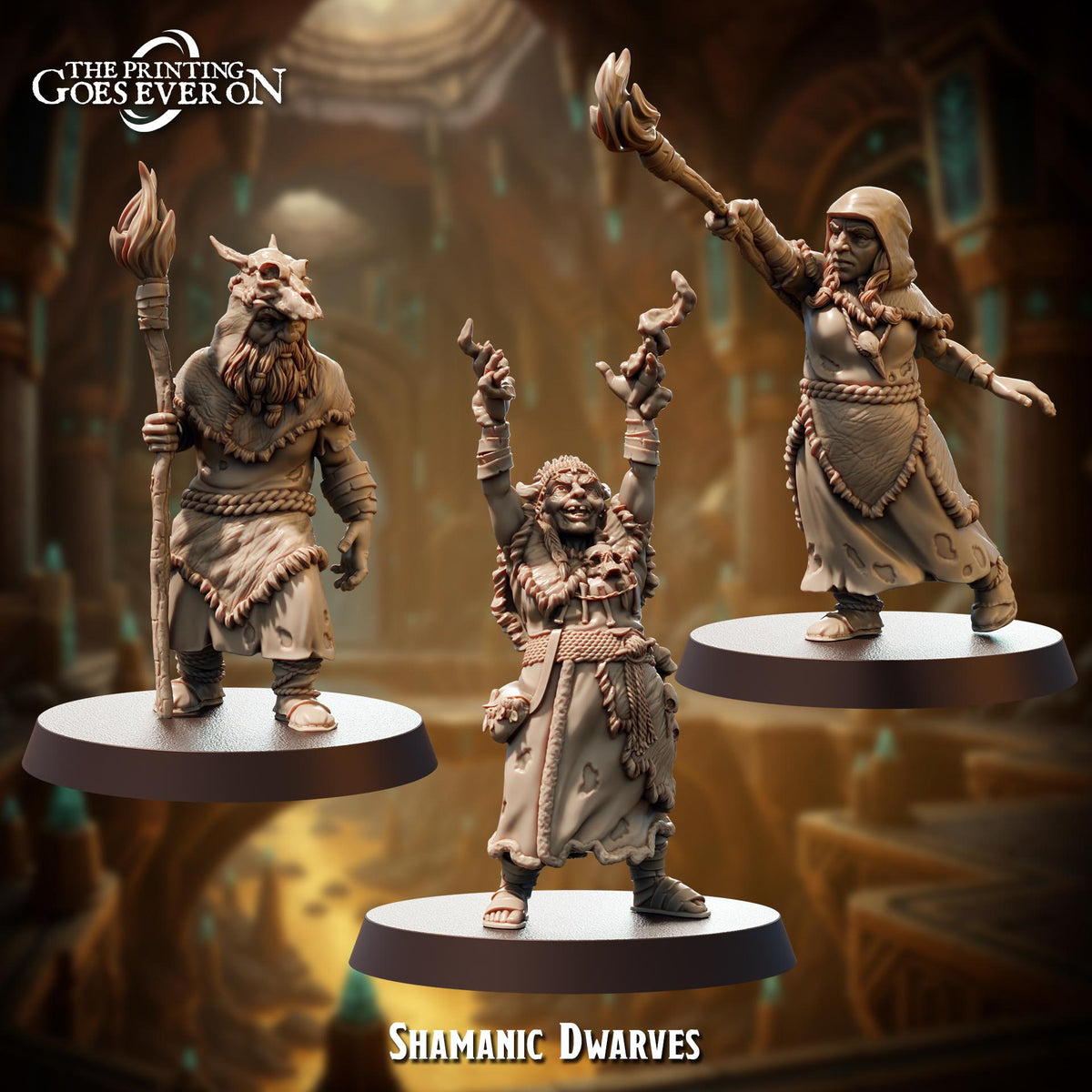 three figurines of Shamanic dwarves, each with unique poses and accessories, set against a fantastical background.