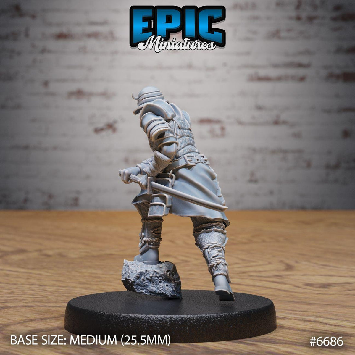 A figurine of a knight in armor, standing on a rock, with a brick wall in the background. The figurine is described as a "MEDIUM" size, with a base size of 25.5mm. The image is a part of the "EPIC Miniature" series, as indicated by the text at the top of the image.