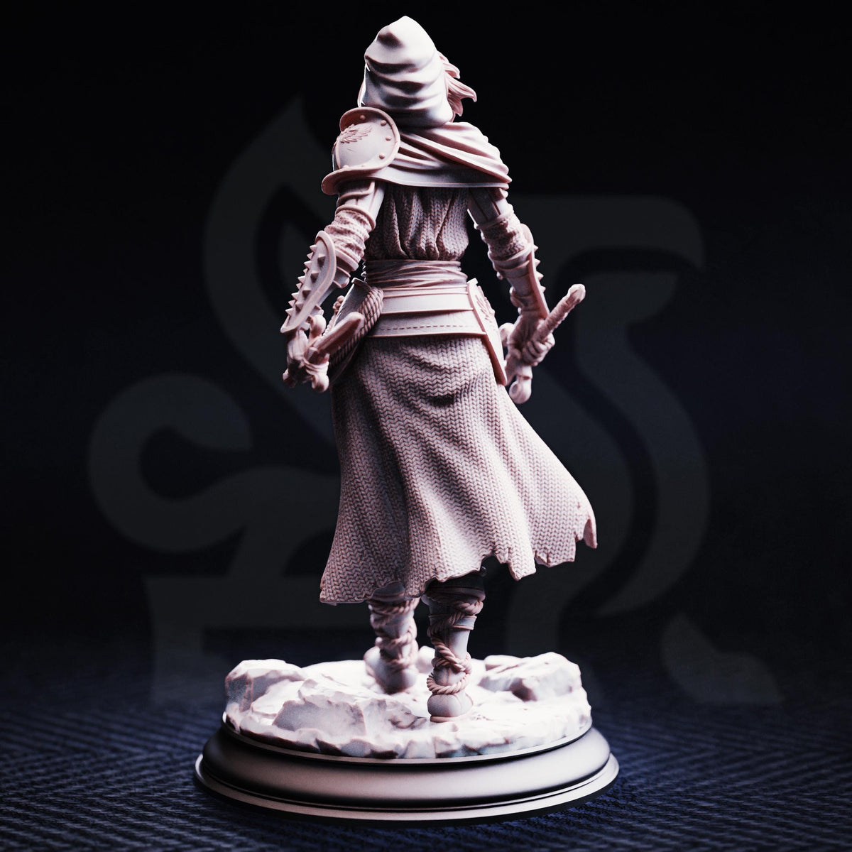 A 3D rendering of a female character wearing a long, flowing robe and holding a weapon, standing on a base against a dark background.