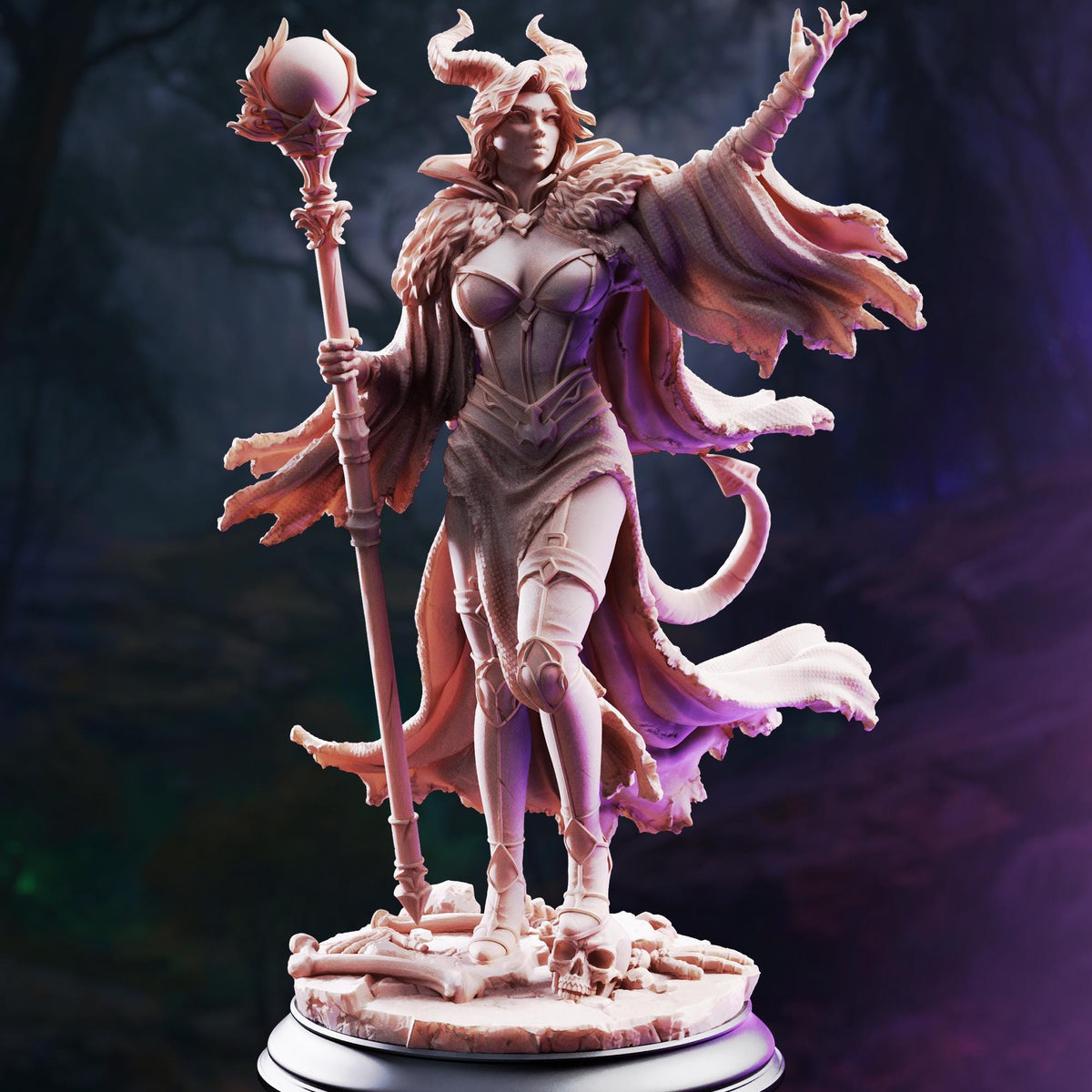 A detailed 3D model of a female fantasy character, possibly a fairy or magical being, standing on a pedestal and holding a staff or staff-like object.