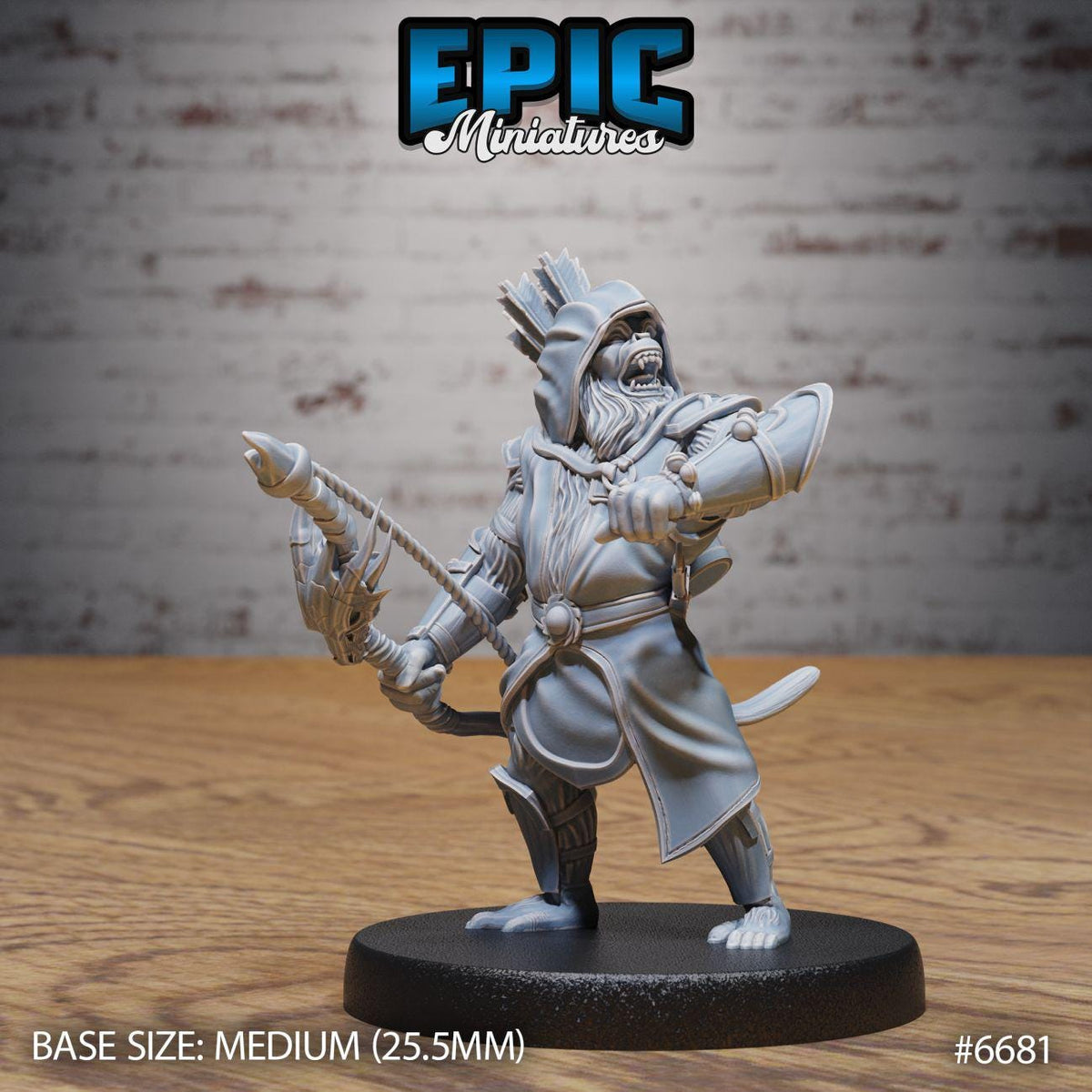 A figurine of a warrior character, likely from the video game Epic Miniatures, is displayed on a wooden surface.