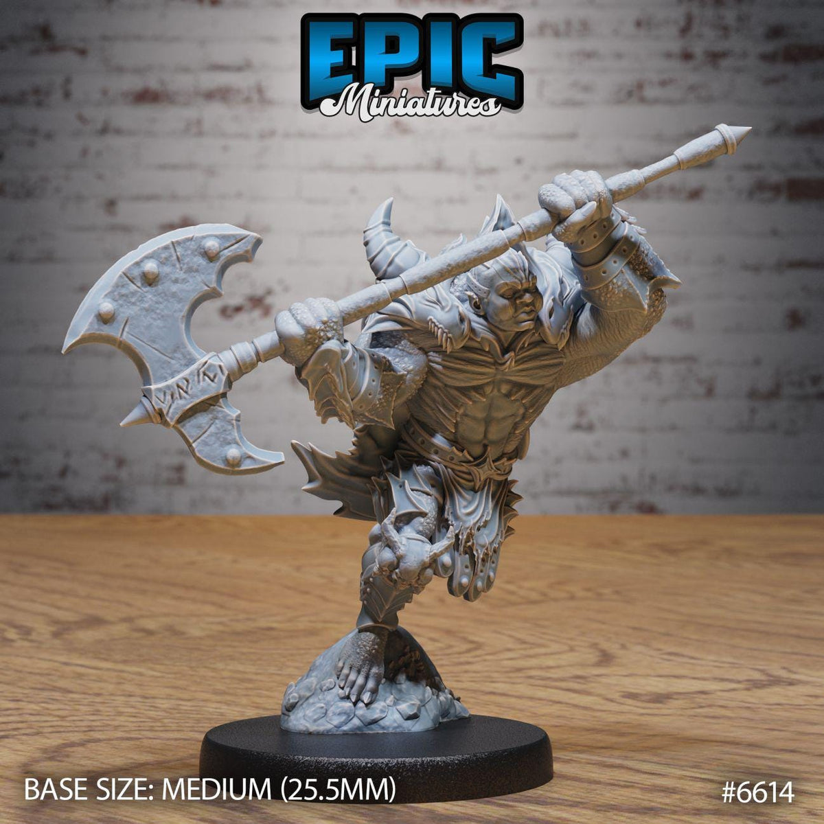 A detailed miniature figurine of a warrior wielding a large sword, set against a brick wall background.