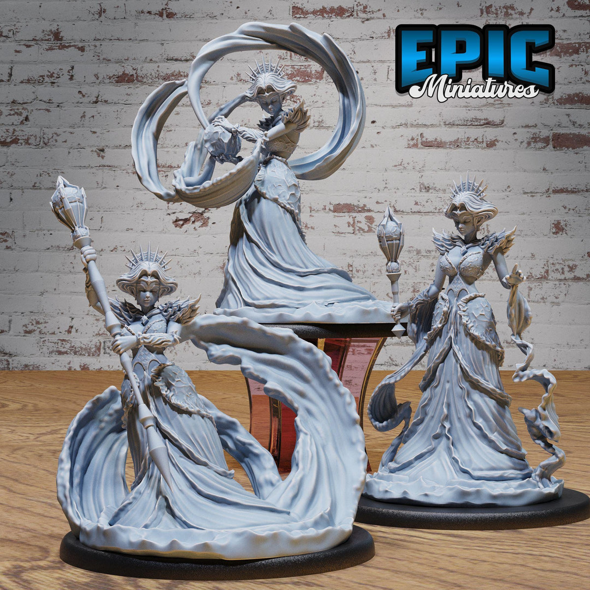 three figurines of female characters, each with unique poses and expressions, set against a brick wall background.
