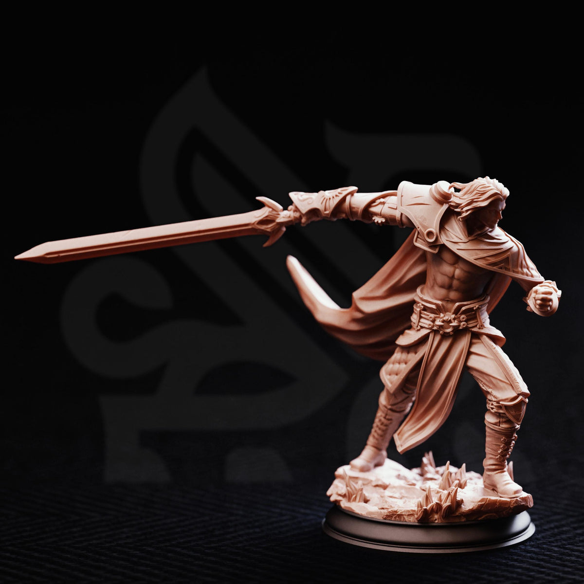 A detailed 3D model of a warrior figure wielding a sword, standing on a base and facing to the right.