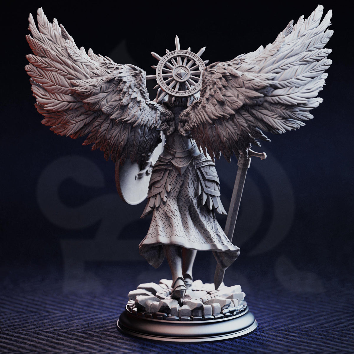 A detailed 3D model of a winged figure holding a shield and sword, standing on a base with a circular emblem.