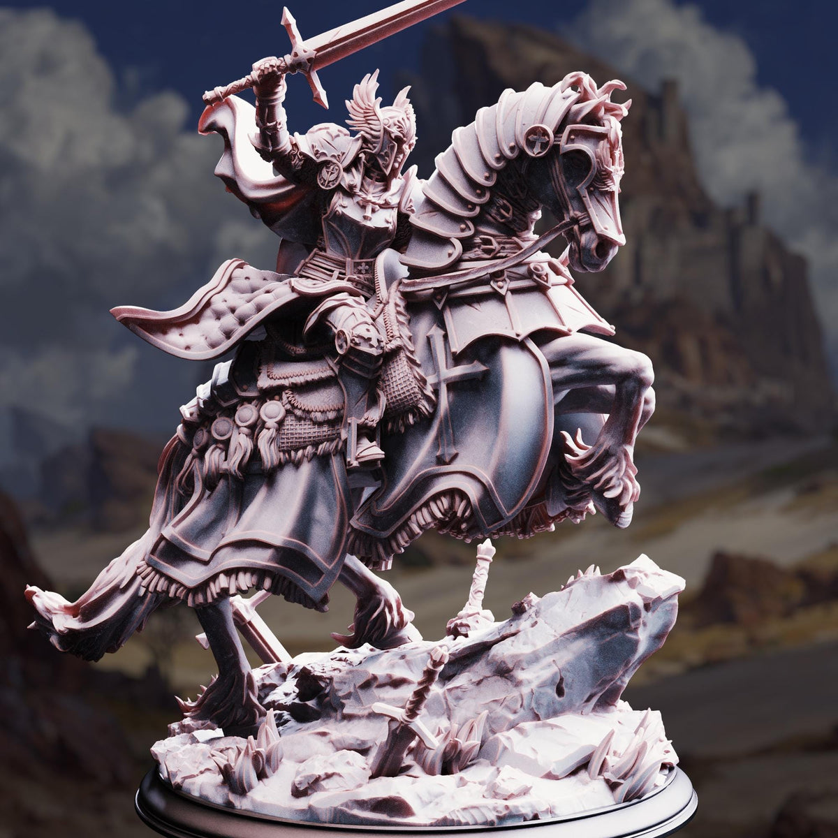 A detailed 3D model of a knight on horseback, holding a sword and riding a large, ornate horse. The knight is wearing a helmet with wings and armor, and the horse is adorned with decorative elements. The background features a rocky landscape with mountains in the distance.
