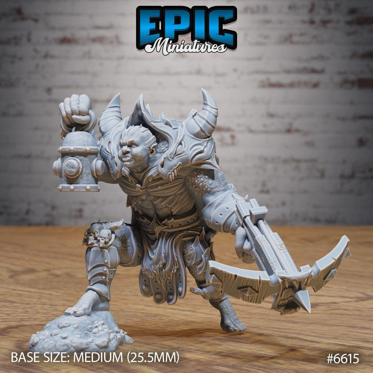 A detailed 3D model of a warrior figure, likely from the video game Epic Miniatures, with intricate armor and weapons. The figure is posed in a fighting stance, holding a weapon in one hand and a shield in the other. The background is a brick wall, providing a contrast to the warrior figure. The image is labeled with the base size, medium size, and dimensions, as well as the number #6515.