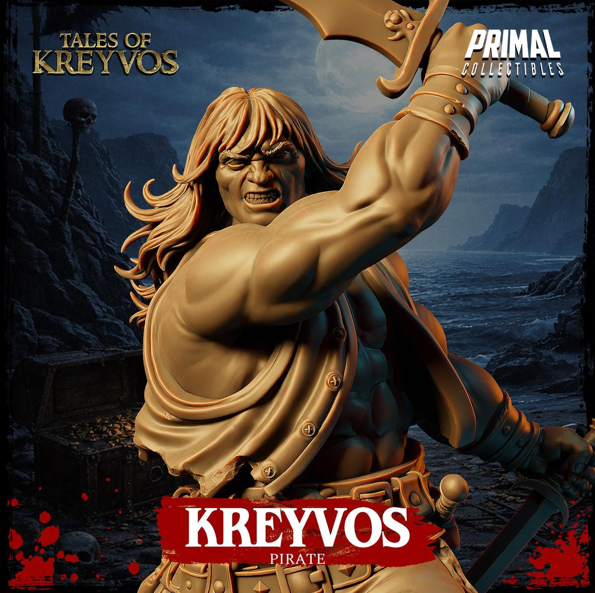 The image is a statue of a muscular, bearded man with a pirate hat and sword, set against a dark, rocky landscape with a skull-like structure in the background.