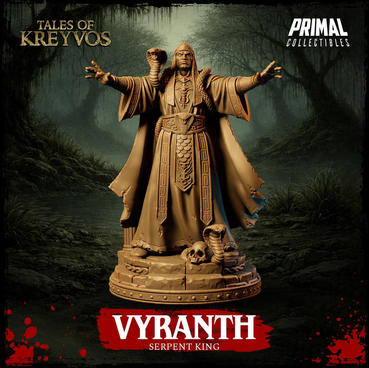a statue of a serpent king with his arms outstretched, surrounded by a dark, mysterious forest setting.