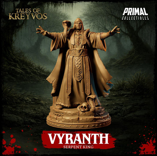 a statue of a serpent king with his arms outstretched, surrounded by a dark, mysterious forest setting.