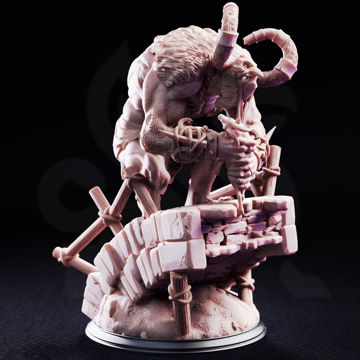 A detailed 3D model of a fantastical creature with horns and a fierce expression, standing on a pedestal and holding a weapon.