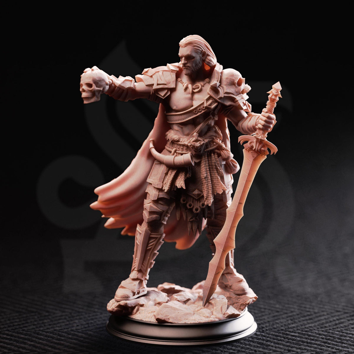 A detailed figurine of a warrior figure, wearing armor and holding a sword, stands on a base against a dark background.