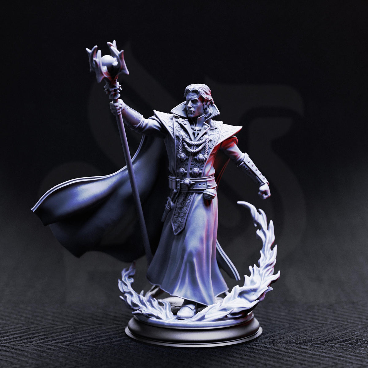 A detailed 3D model of a wizard or magical figure holding a staff and surrounded by a wreath of leaves, set against a dark background.