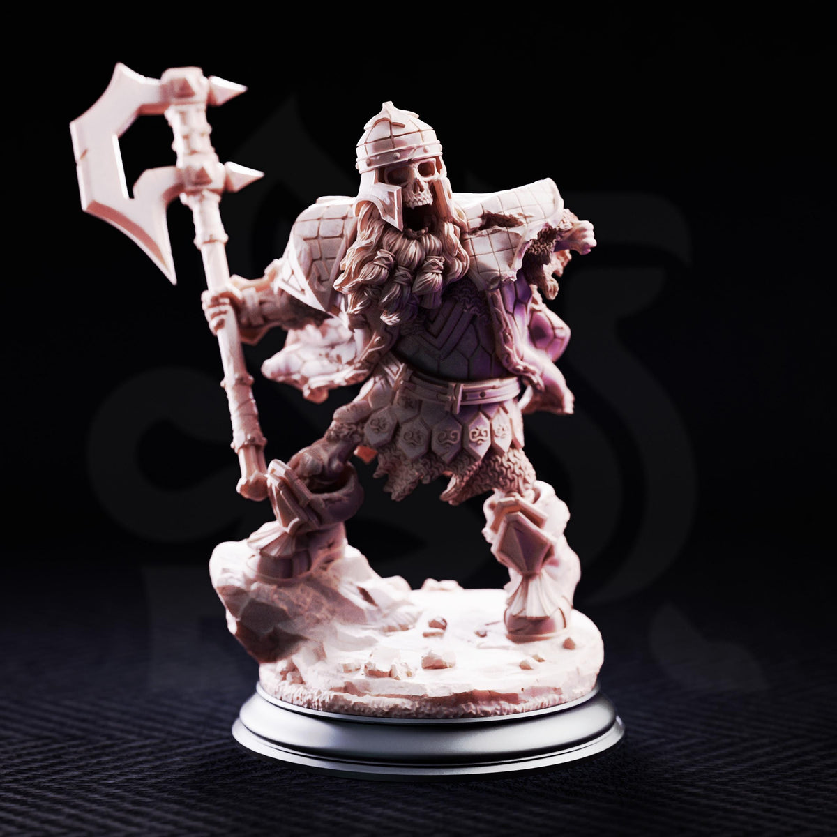A detailed figurine of a knight or warrior figure, holding a large weapon and standing on a rocky base against a dark background.
