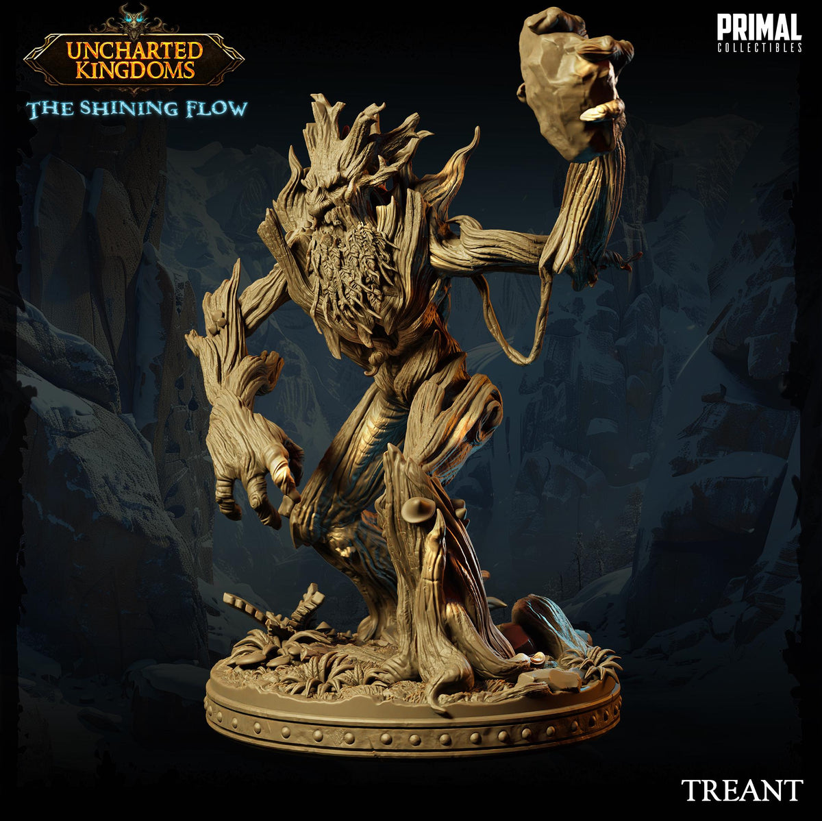 a detailed, intricate, and fantastical creature resembling a tree or a mythical being, with a large head and a long, flexible body. The creature is standing on a pedestal or base, and it appears to be in a dynamic pose, with one arm raised and the other holding a weapon. The background is dark and mysterious, adding to the overall atmosphere of the scene.