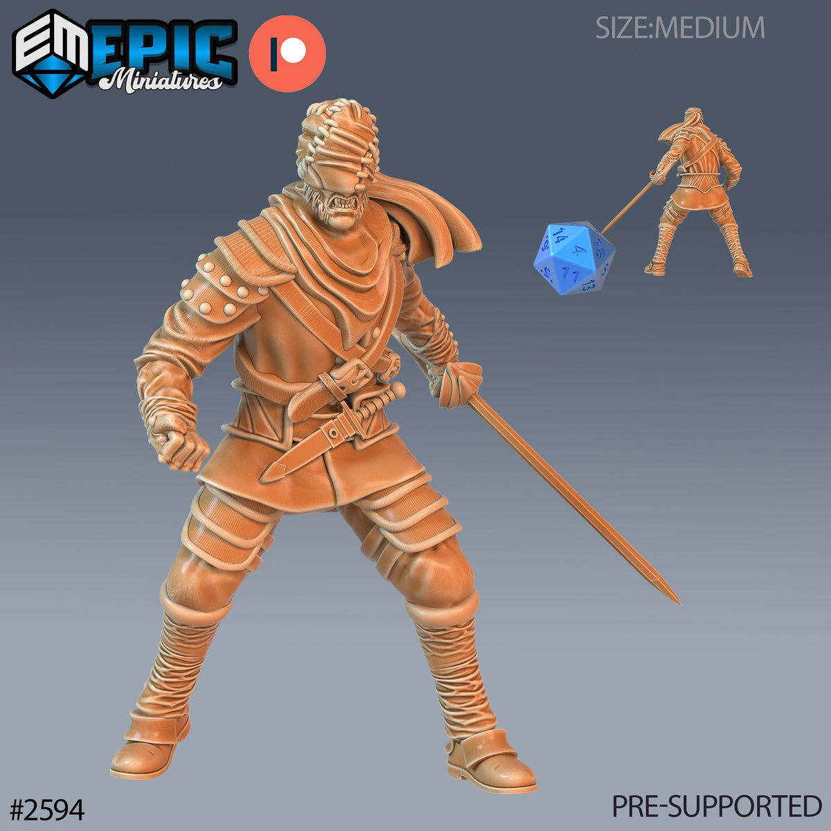 The image is a 3D rendering of a fantasy character, possibly a warrior or knight, holding a sword and a dice. The character is wearing a helmet and armor, and the background is a dark color. The image is labeled as a "PRE-SUPPORTED" size-medium, which means it is ready for use in a game or other project. The image does not contain any text, and there are no other objects or elements present.