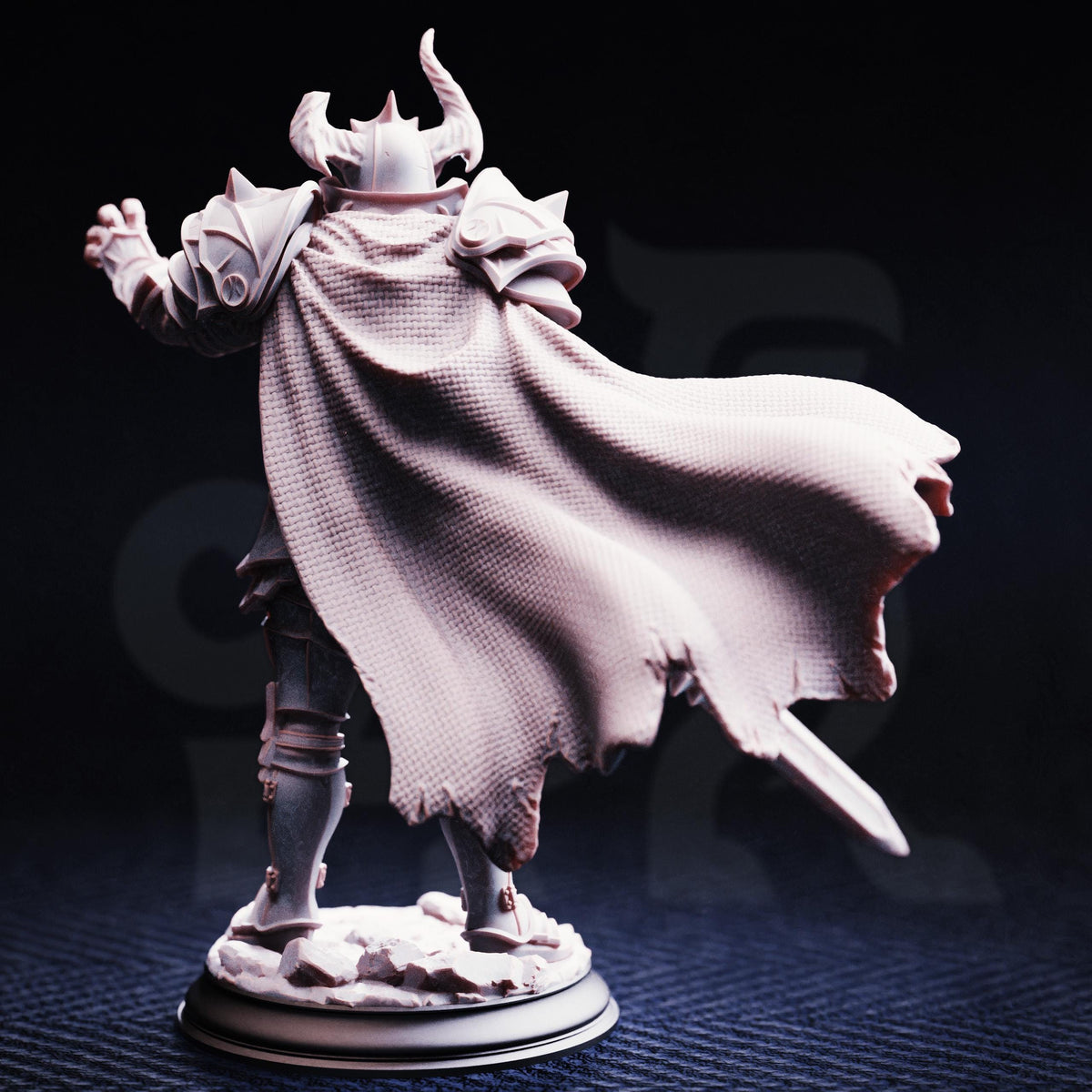A detailed 3D model of a knight in armor, with a flowing cape and a sword in hand, set against a dark background.