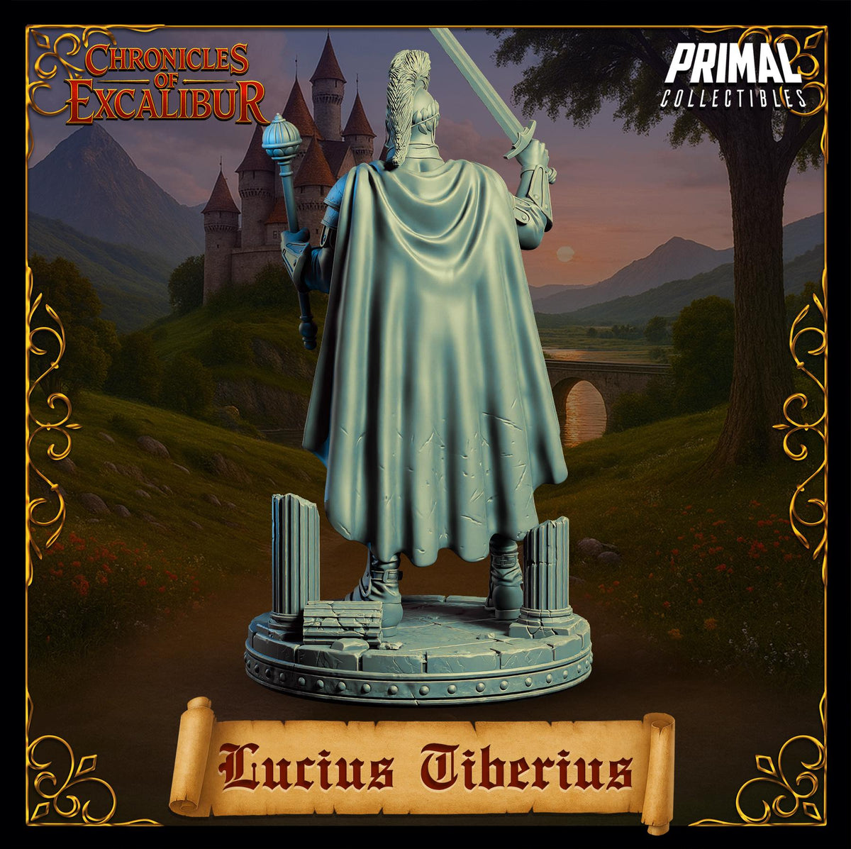 A statue of a knight in a cape, standing in front of a castle, with mountains in the background.