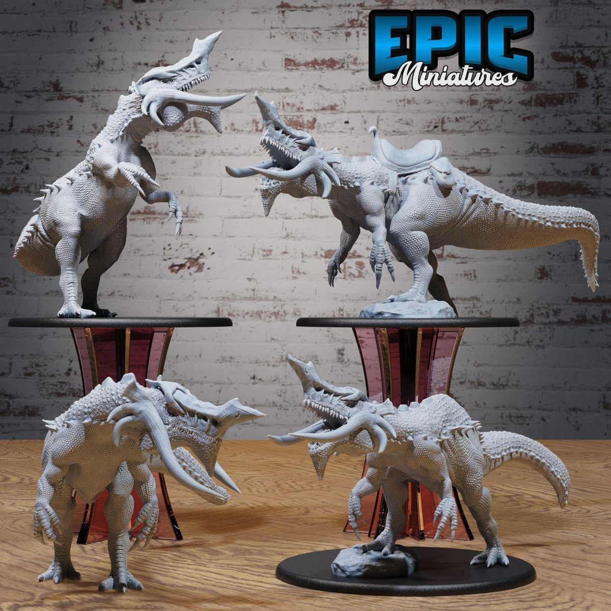 four detailed sculptures of dinosaurs, including a T-Rex, displayed on a wooden surface against a brick wall background.
