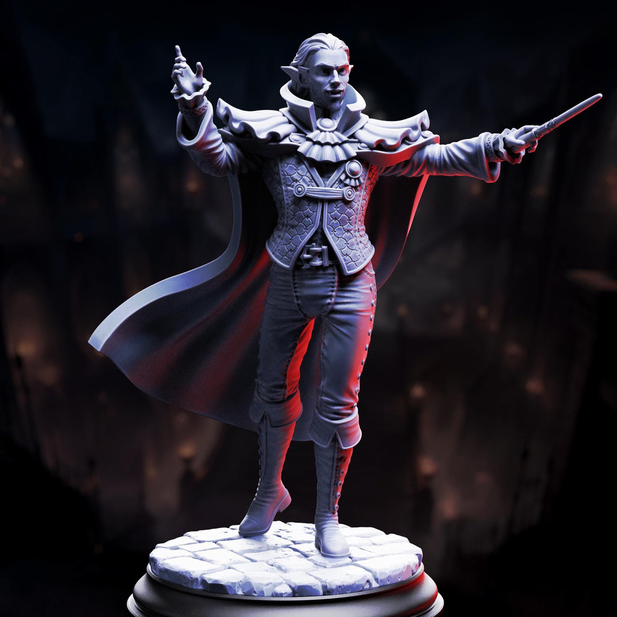 A 3D rendering of a character in a cape and holding a sword, standing on a pedestal against a dark background.