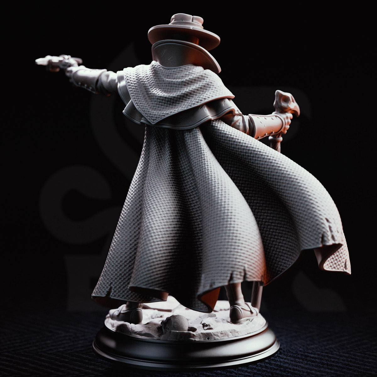 A detailed 3D rendering of a figure in a long cape, holding a weapon, standing on a base.