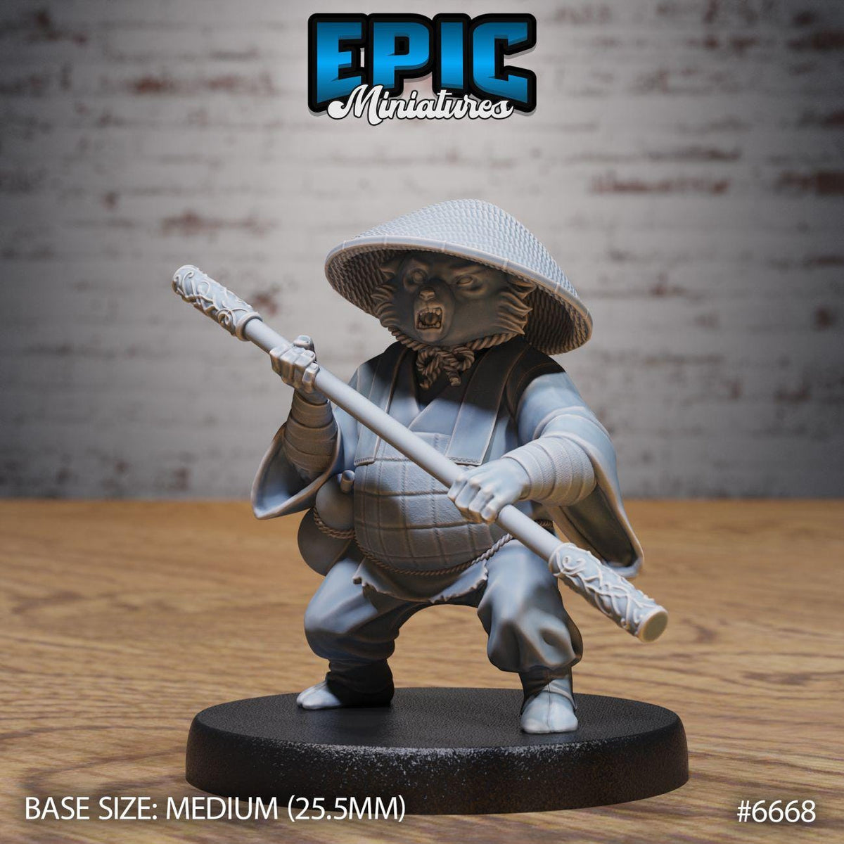 A figurine of a character in a traditional Asian outfit, holding a weapon, is displayed on a black base.
