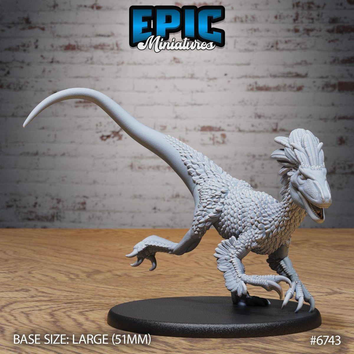 A 3D model of a dinosaur-like creature, likely a dinosaur or prehistoric animal, is displayed on a black base. The base size is described as large (5.1mm), and the image is labeled as a "Epic Miniature".