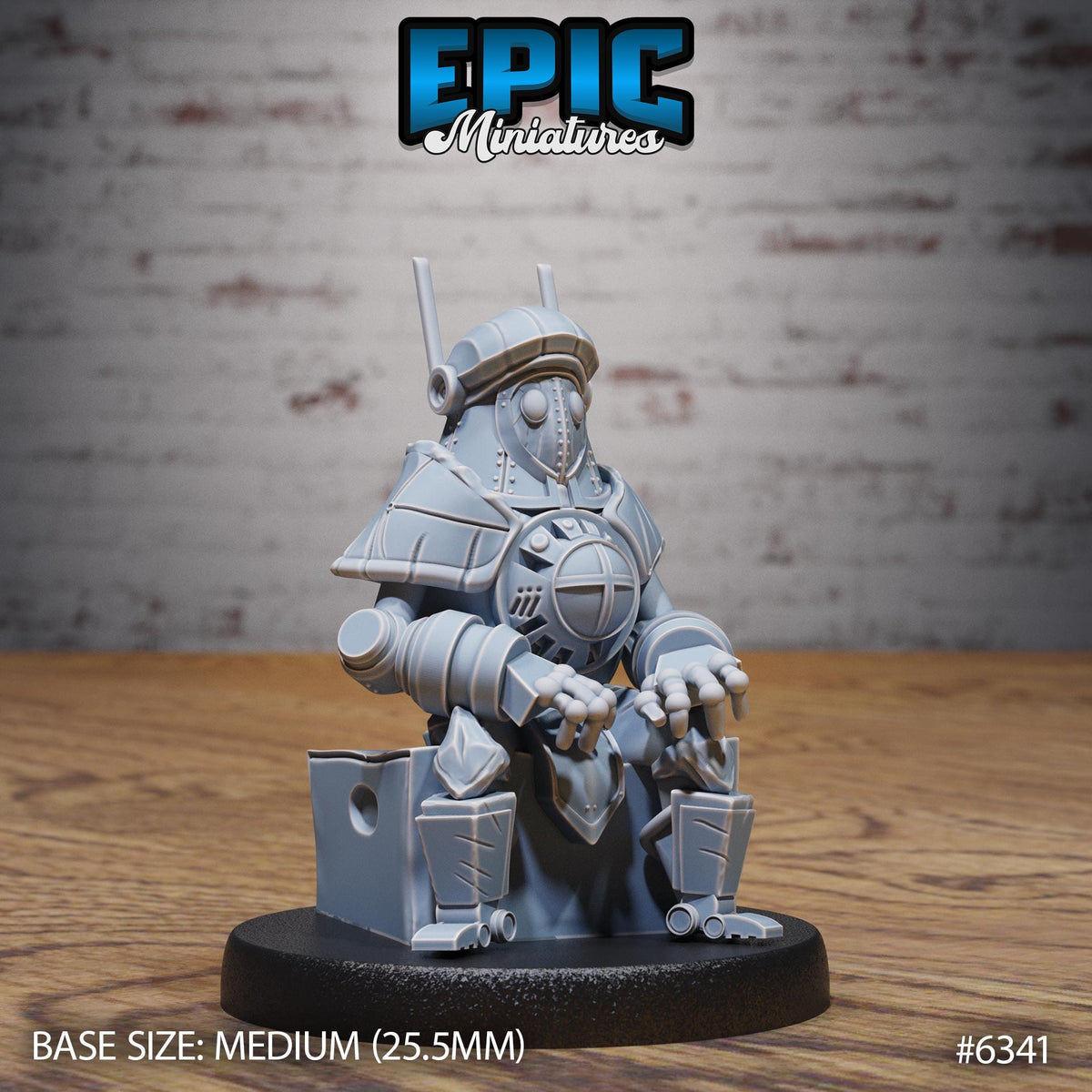 A 3D model of a futuristic-looking robot or cyborg figure sitting on a base, with a brick wall in the background.