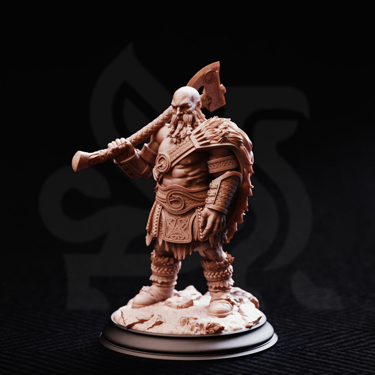 A detailed figurine of a bearded warrior figure holding a large weapon, standing on a rocky base against a dark background.