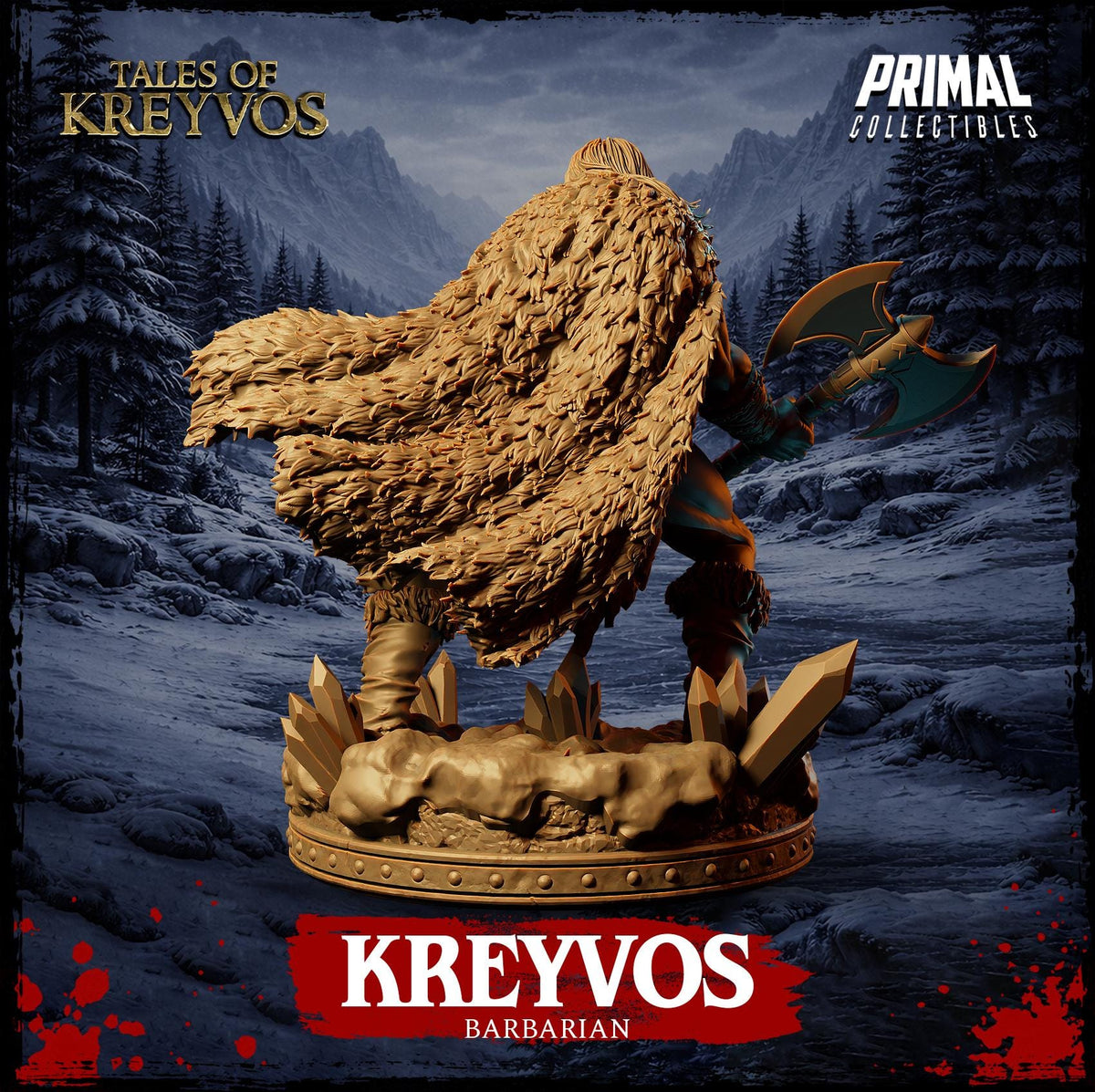 a statue of a barbarian character named Kreyvos, standing in a snowy landscape with mountains in the background.