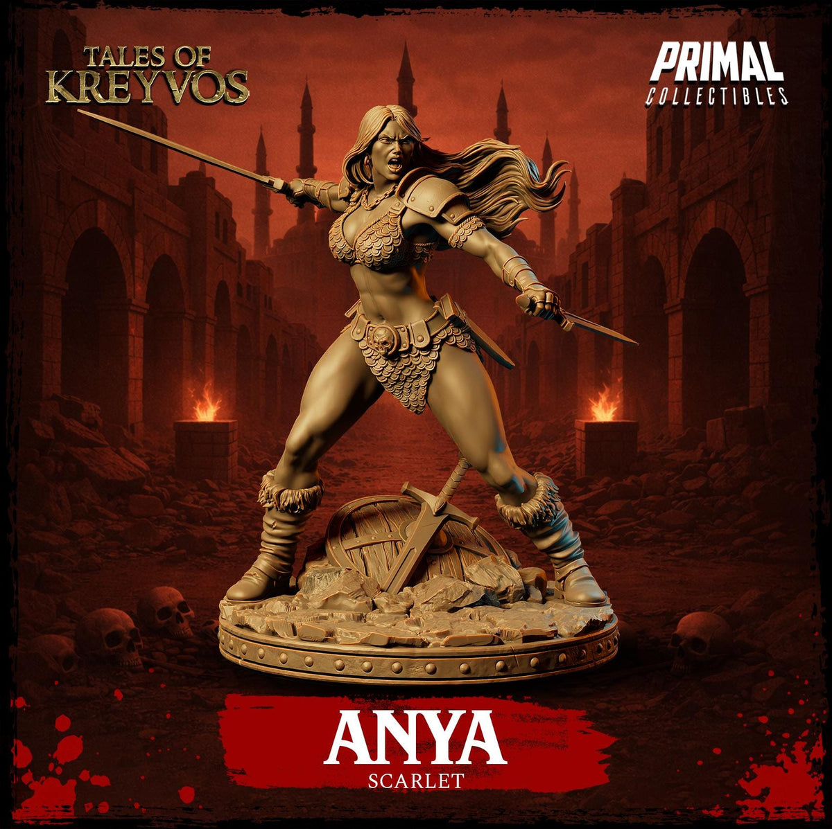 a statue of a female warrior named Anya, who is depicted as a scarlet-clad warrior, standing in a fighting stance with her sword raised.