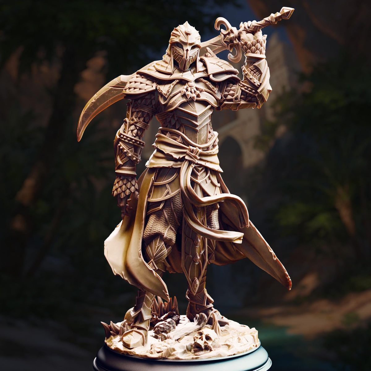 A detailed 3D model of a knight in armor, holding a sword and standing in a forested environment.