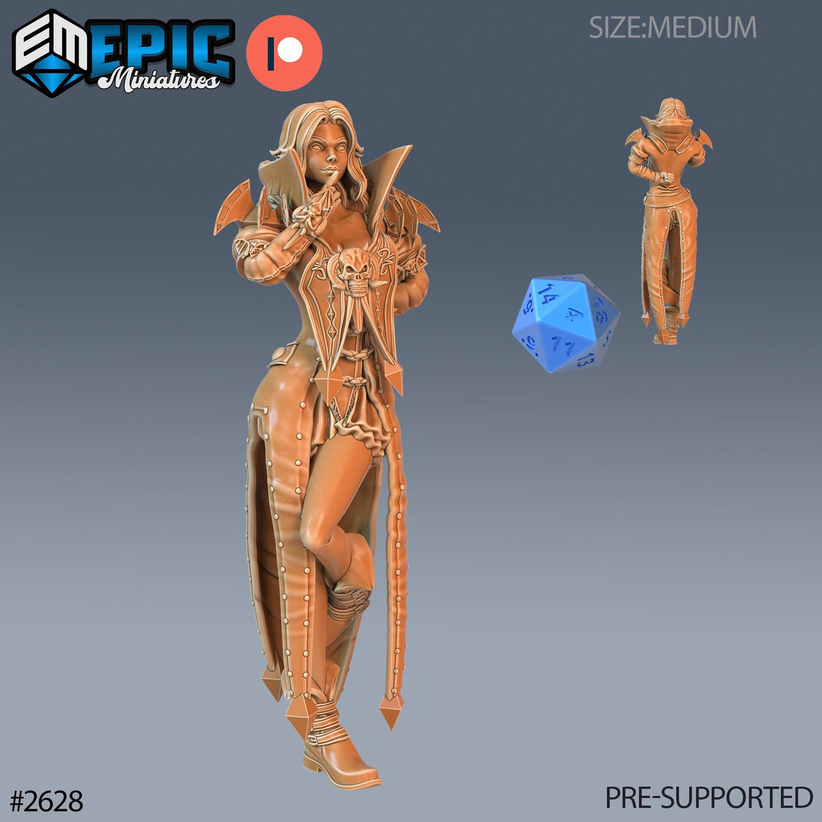 The image is a 3D model of a female character, possibly a fantasy or science fiction character, with a detailed and intricate design. The character is wearing a long, flowing robe and has a sword in her hand. There is also a dice depicted in the image. The image is pre-supported, meaning it is not a new creation and has been provided for use in a project or game.