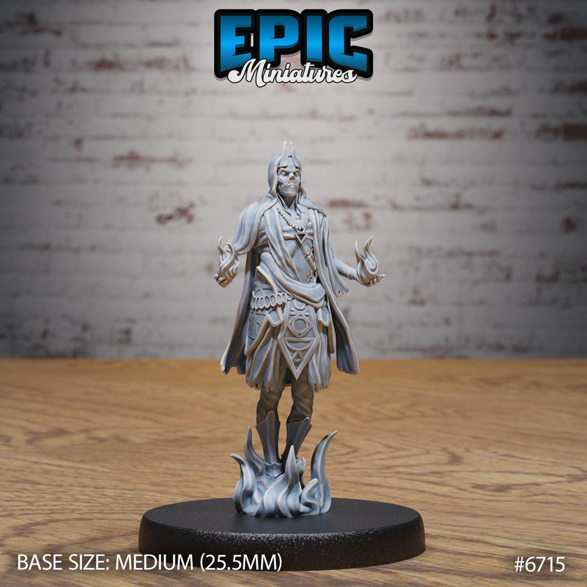 A figurine of a person standing on a black base, with a brick wall in the background. The figurine appears to be a miniature model of a character, possibly from a fantasy or science fiction game.