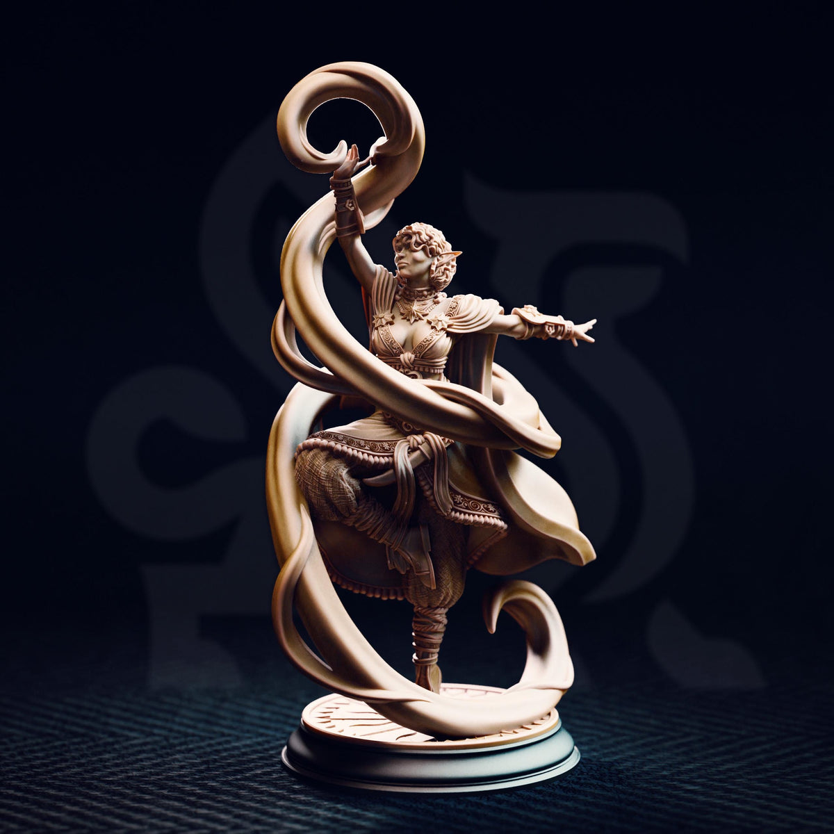A bronze statue of a woman in a dynamic pose, holding a large, curled object, is displayed against a dark background.