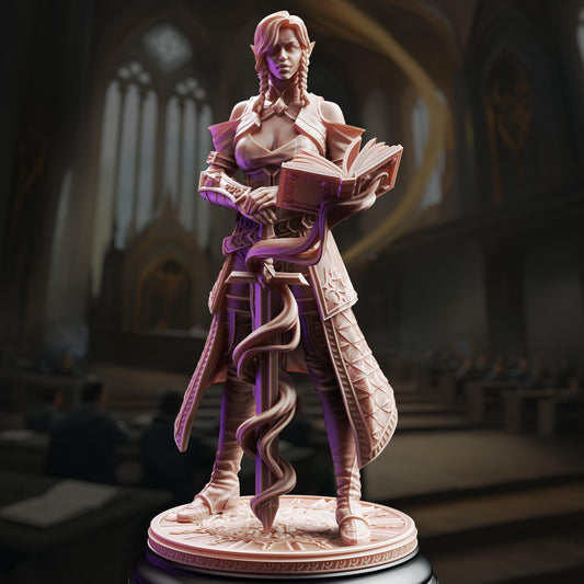 A detailed 3D model of a female character, possibly a princess or warrior, standing in a grand, ornate room with arched windows and a high ceiling.