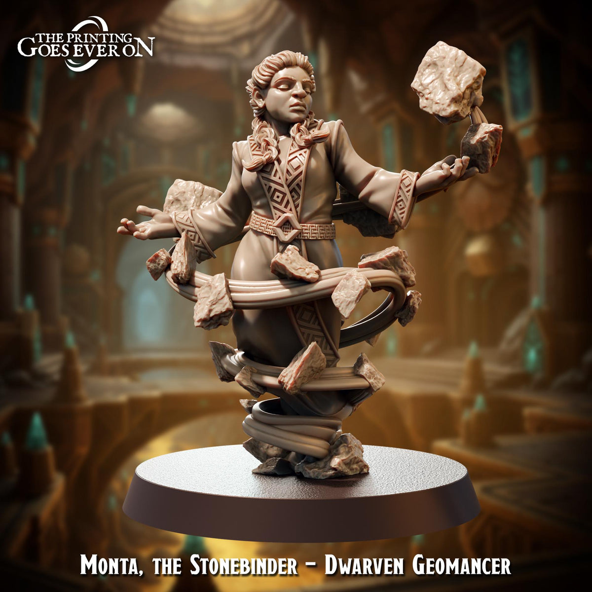 a figurine of a character named Monta, the Stonebinder, who is a dwarven geomancer.