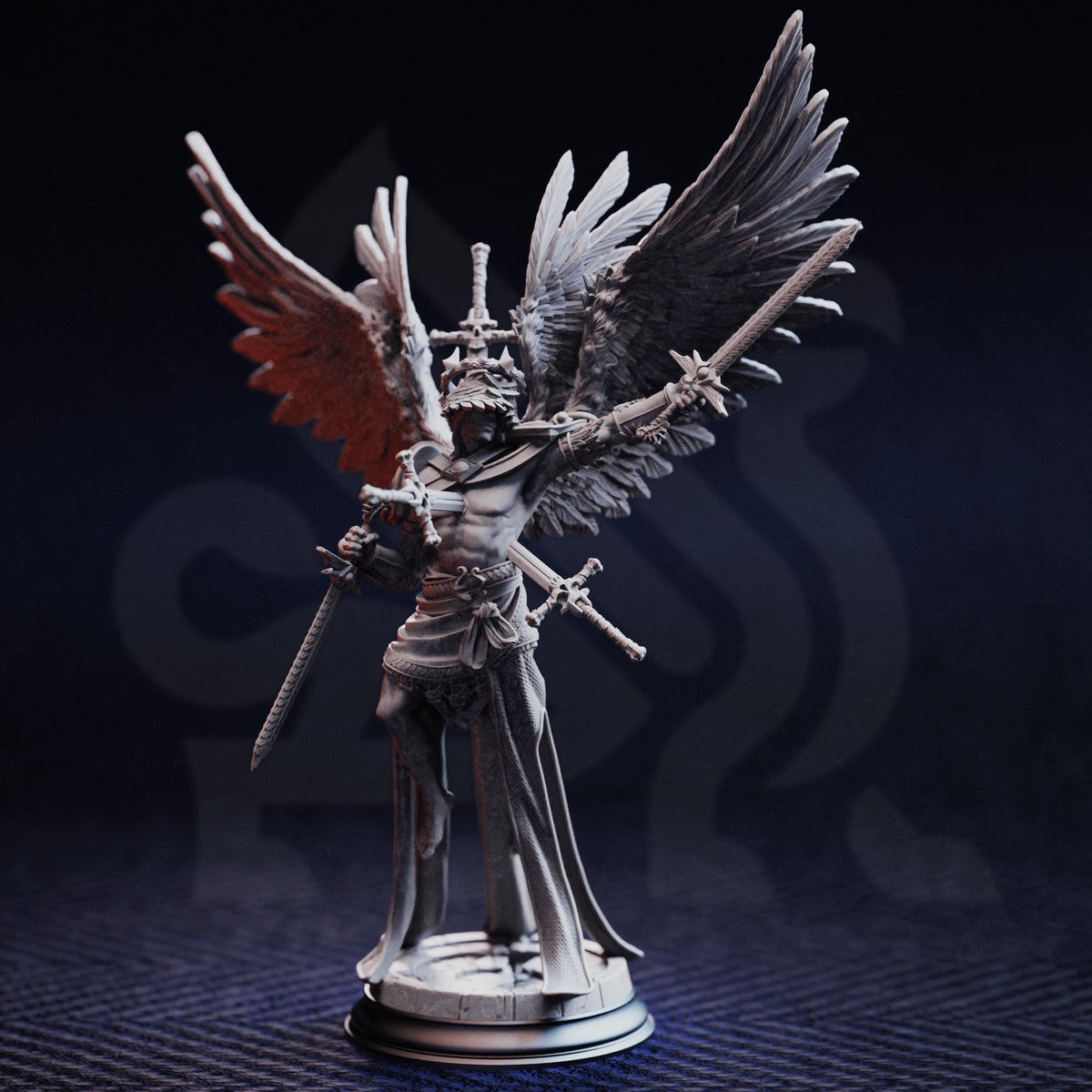 A detailed 3D model of a winged, armored figure holding a sword and shield, standing on a pedestal against a dark background.