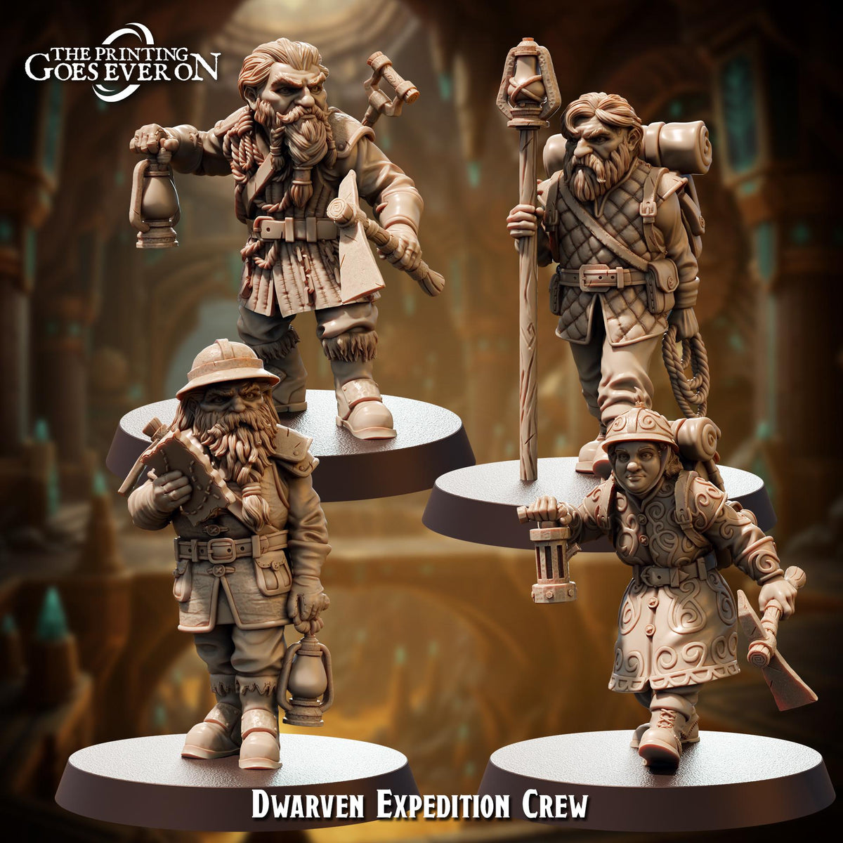 four miniature figurines of dwarven expedition crew members, each holding various tools and equipment, set against a blurred background.