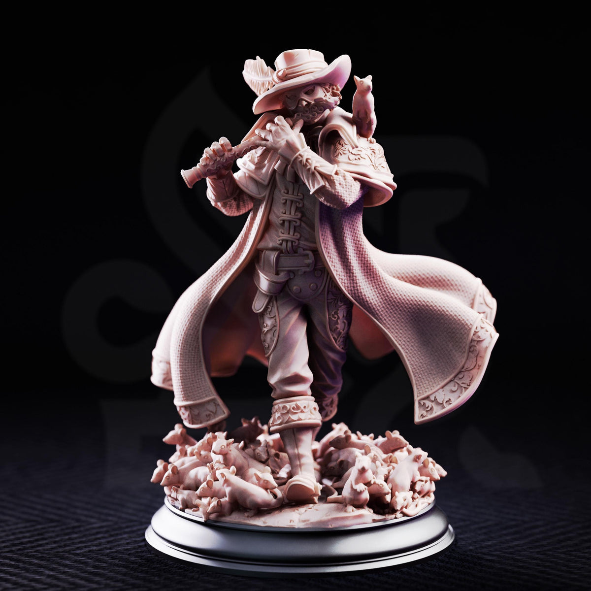 A figurine of a person playing a wind instrument, such as a flute or saxophone, wearing a hat and coat.