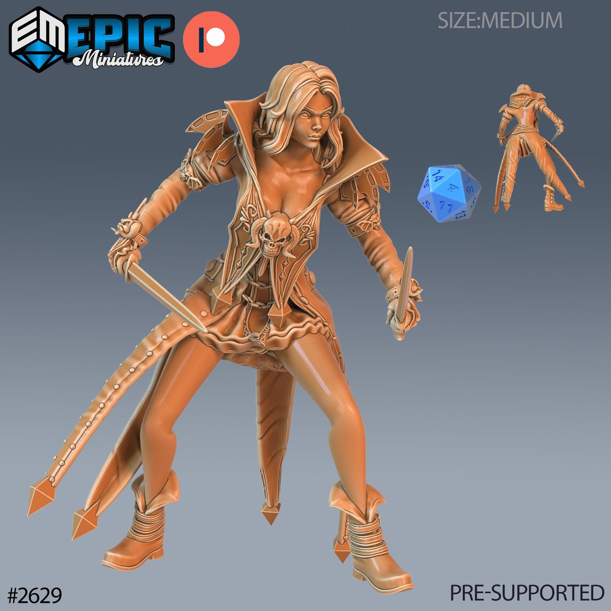 The image is a 3D model of a female character, possibly a warrior or fantasy figure, with a sword and a dice. The character is depicted in a dynamic pose, with a serious expression on her face. The image is labeled as a "PRE-SUPPORTED" version, indicating that it has been provided for use in a project or game. The image does not contain any text, and there are no other objects or elements present.